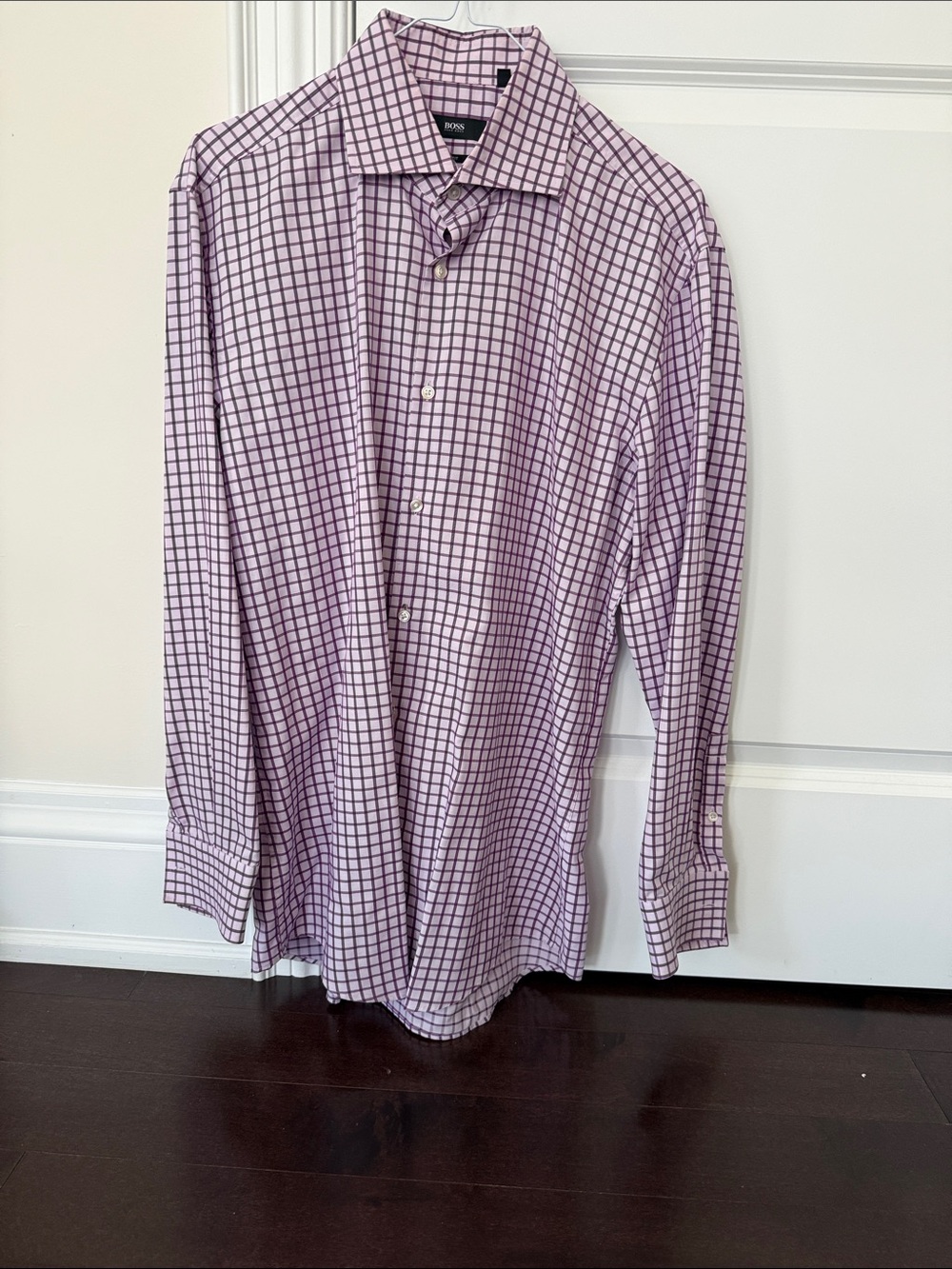 BOSS Men's Cotton Lavender and White Windowpane Dress Shirt
